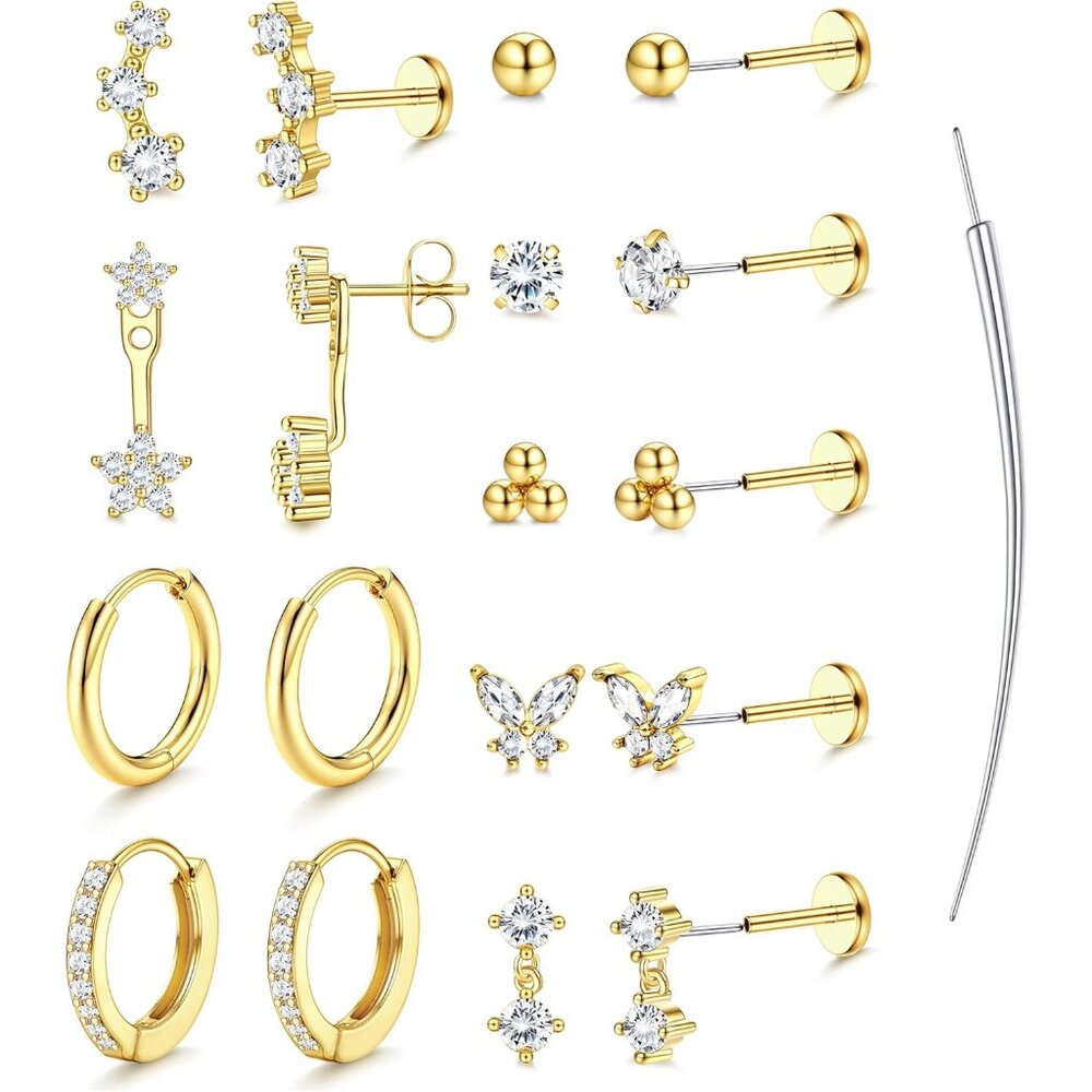 Elegant 9-Pair Threadless Flat Back Earrings Set … - image 1